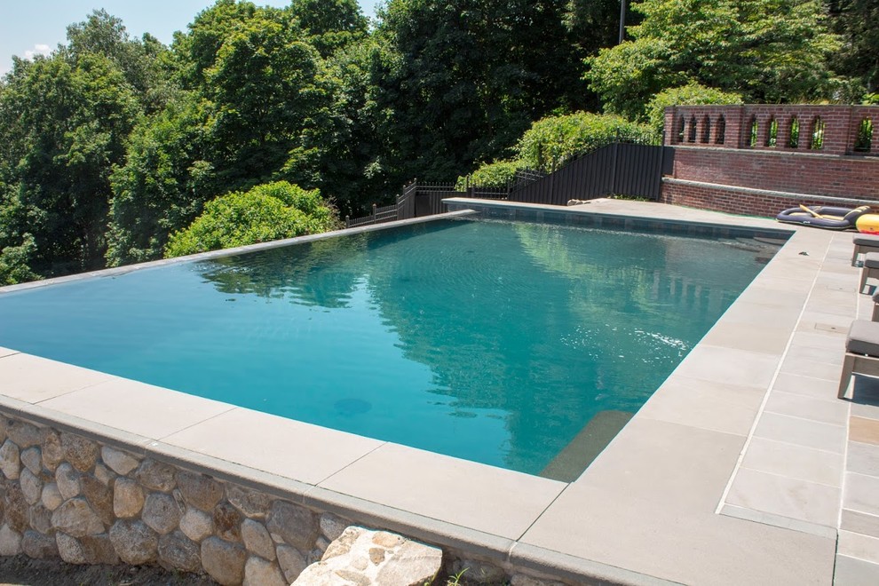 Idee per una piccola piscina a sfioro infinito moderna rettangolare dietro casa con pedane