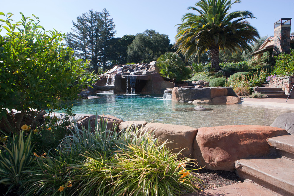 Large mediterranean back custom shaped natural swimming pool in San Francisco with a water feature and natural stone paving.