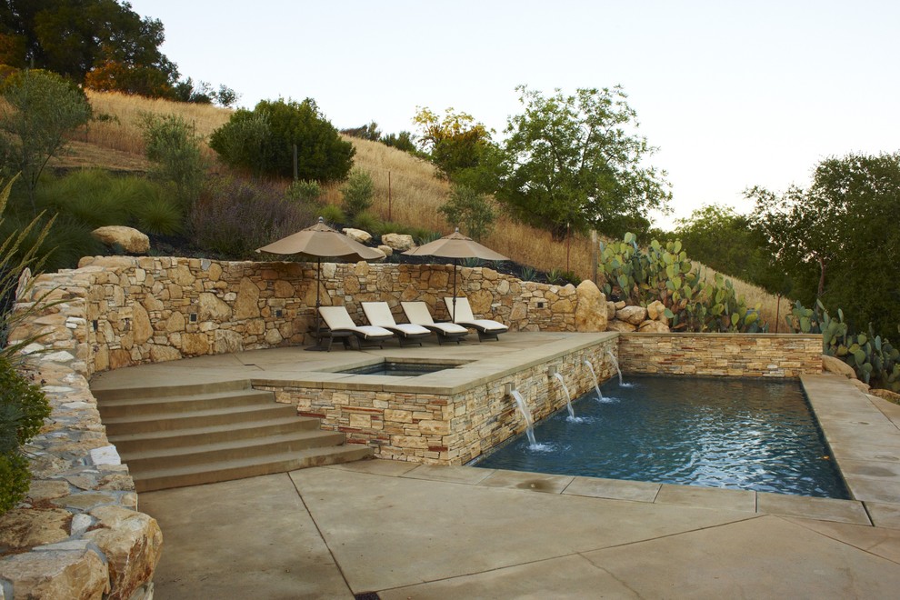 Diseño de piscina con fuente alargada mediterránea grande rectangular en patio trasero con adoquines de hormigón