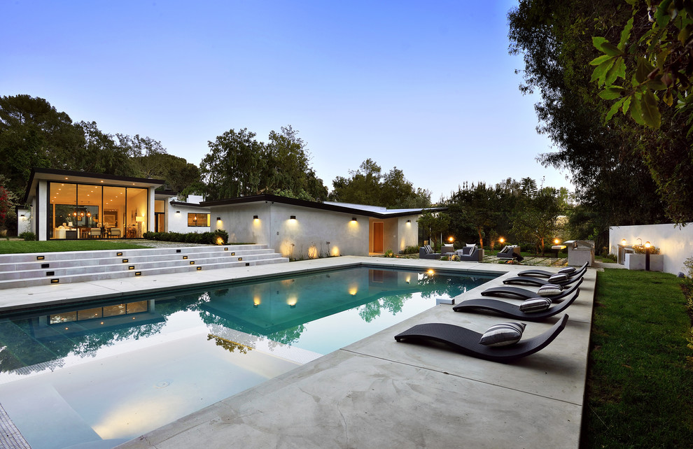 Ispirazione per una grande piscina monocorsia moderna rettangolare dietro casa con una vasca idromassaggio e lastre di cemento