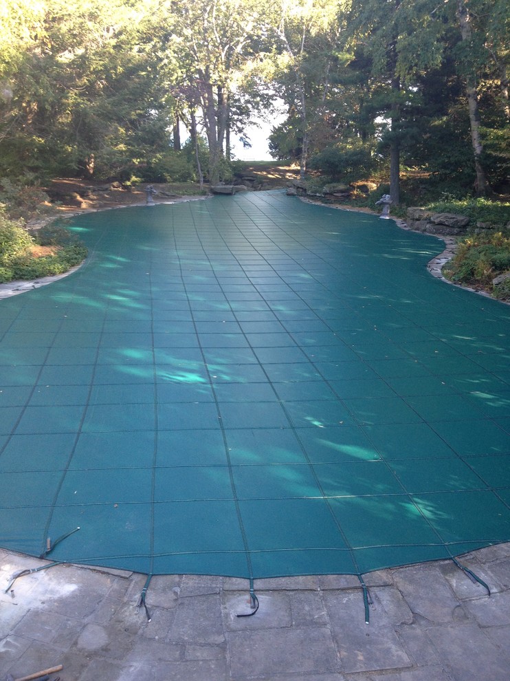 Modelo de piscina infinita clásica renovada de tamaño medio a medida en patio trasero con adoquines de hormigón