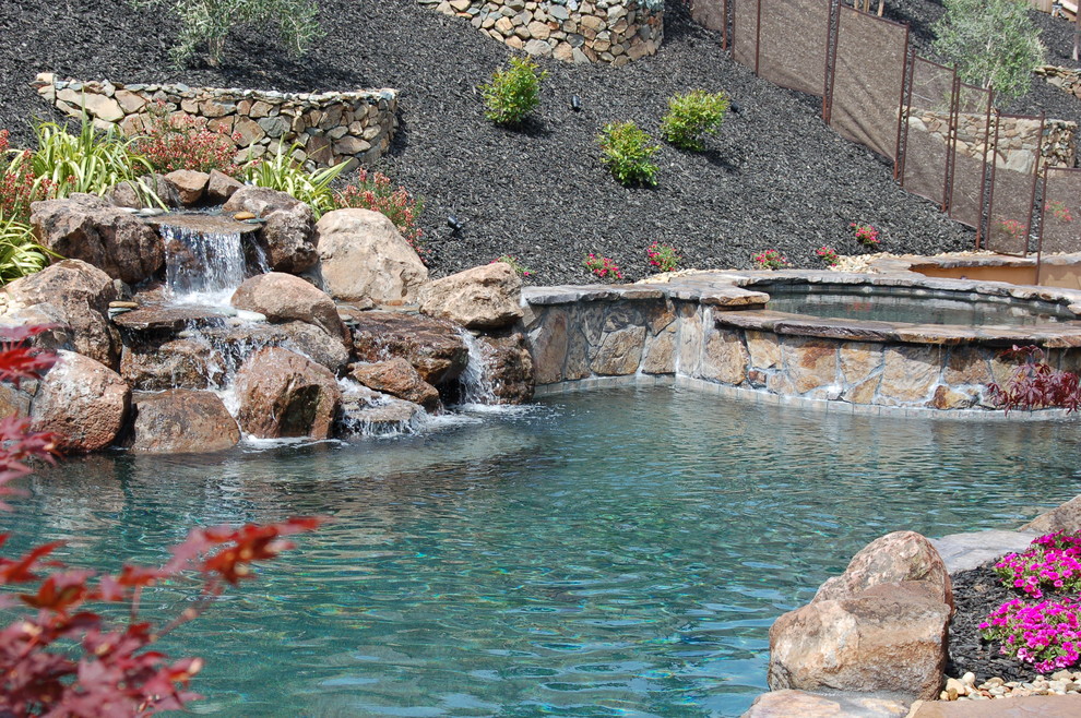 Идея дизайна: естественный бассейн среднего размера, в форме фасоли на заднем дворе в современном стиле с фонтаном