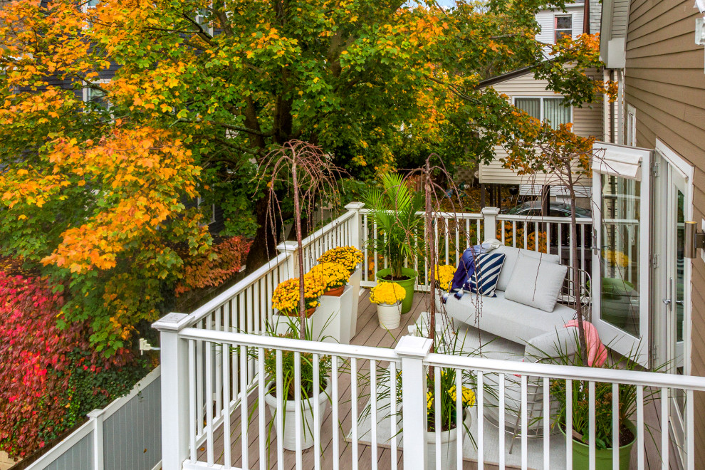 This is an example of a medium sized modern back veranda in Boston.