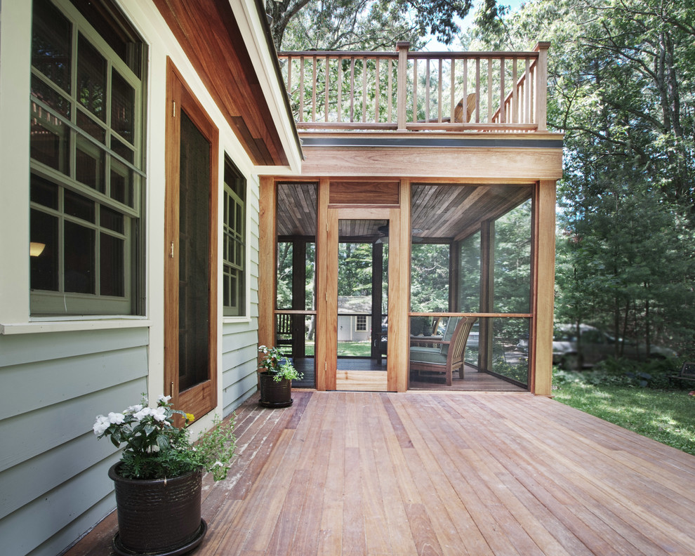 Mid-sized trendy screened-in back porch photo in Other with decking and a roof extension