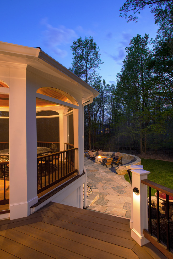 Inspiration for a mid-sized screened-in back porch remodel in DC Metro with a roof extension