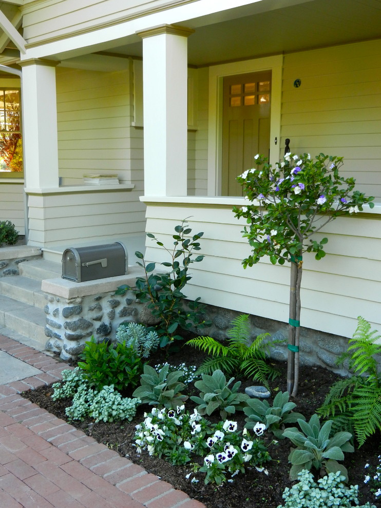 Immagine di un portico american style di medie dimensioni e davanti casa con un giardino in vaso, lastre di cemento e un tetto a sbalzo