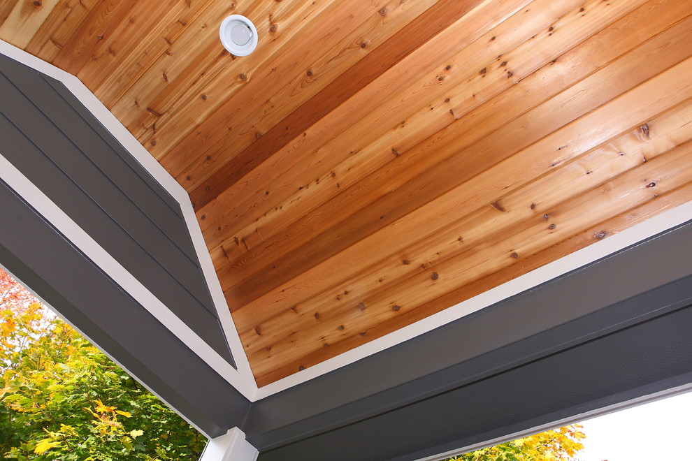 Cette photo montre un petit porche d'entrée de maison arrière tendance avec une extension de toiture.