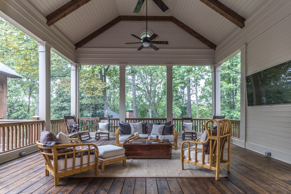 Inspiration for an expansive classic back screened veranda in Atlanta with a roof extension.