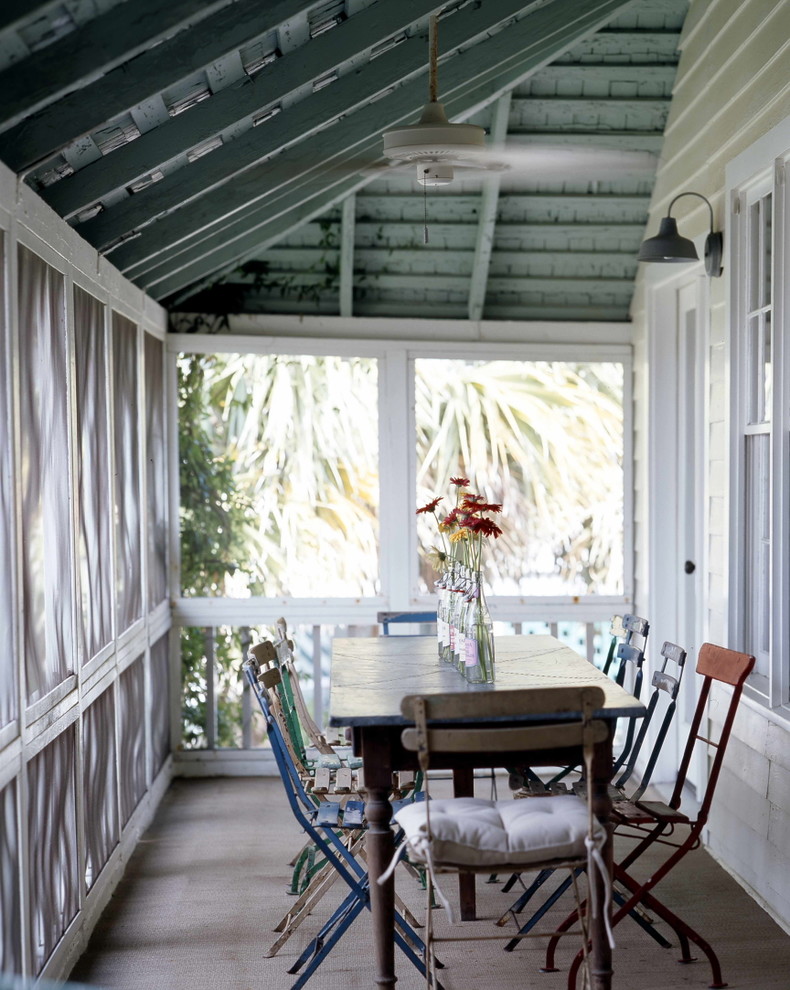 Cottage chic screened-in porch idea in Atlanta with a roof extension