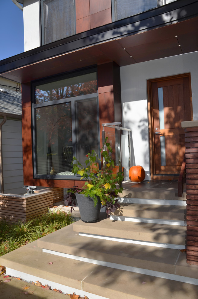 Idéer för mellanstora funkis verandor framför huset, med naturstensplattor och takförlängning