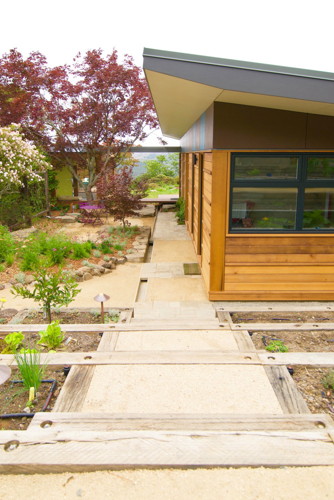 Ispirazione per un giardino xeriscape minimalista esposto in pieno sole di medie dimensioni e dietro casa in primavera con un ingresso o sentiero, graniglia di granito e recinzione in legno