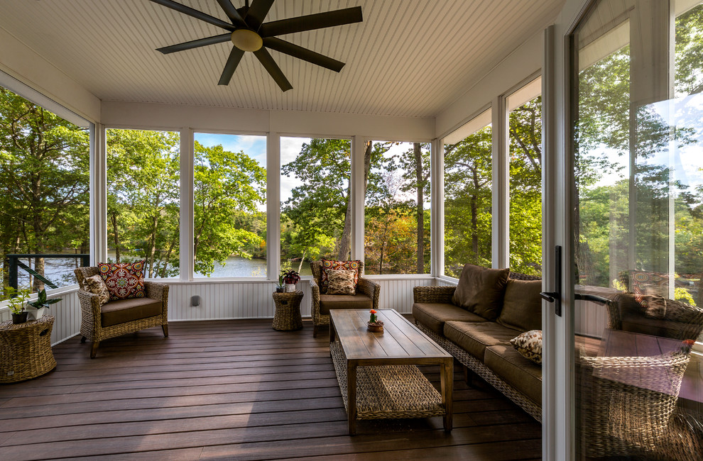 Photo of a small classic back screened veranda in New York with decking and a roof extension.