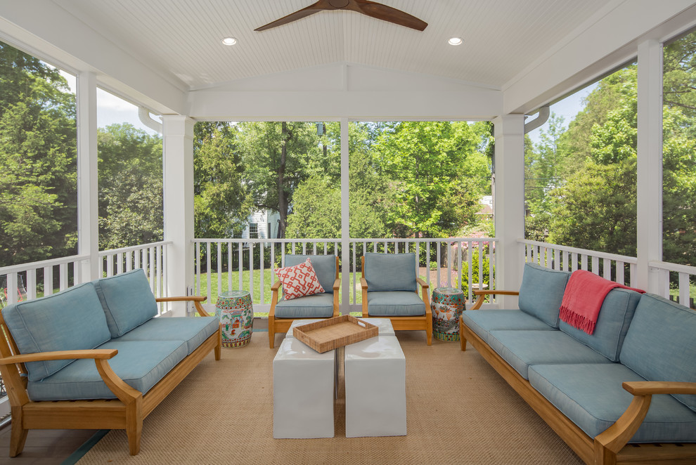 Inspiration for a traditional screened veranda in DC Metro with decking and a roof extension.