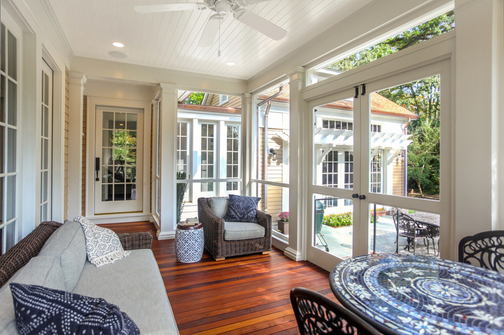 Inspiration for a timeless screened-in back porch remodel in DC Metro with decking and a roof extension