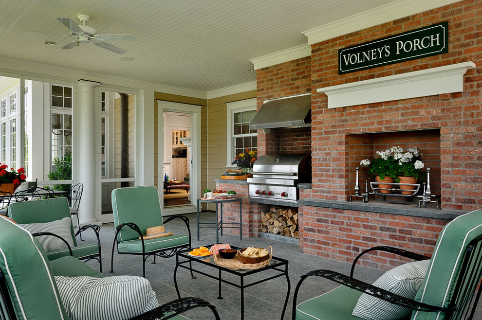 Photo of a classic veranda in New York with a roof extension and a bbq area.