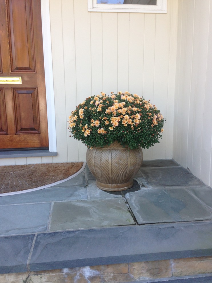 Inspiration pour un petit porche avec des plantes en pot avant traditionnel avec des pavés en pierre naturelle.
