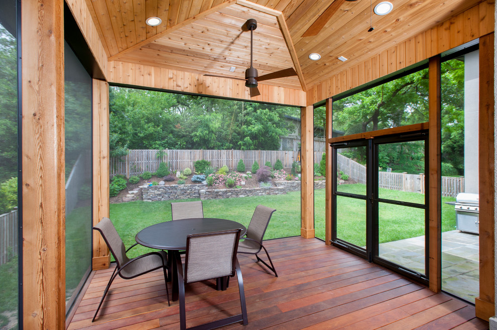 Small trendy screened-in back porch idea in DC Metro with decking