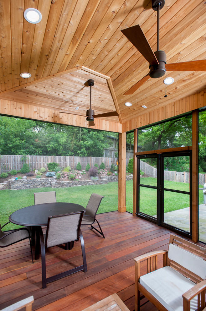 Inspiration for a small contemporary screened-in back porch remodel in DC Metro with decking