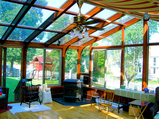 Dark stained, gabled sunroom with pellet stove - Traditional - Veranda -  Boston - by Brady-Built Sunrooms | Houzz IE