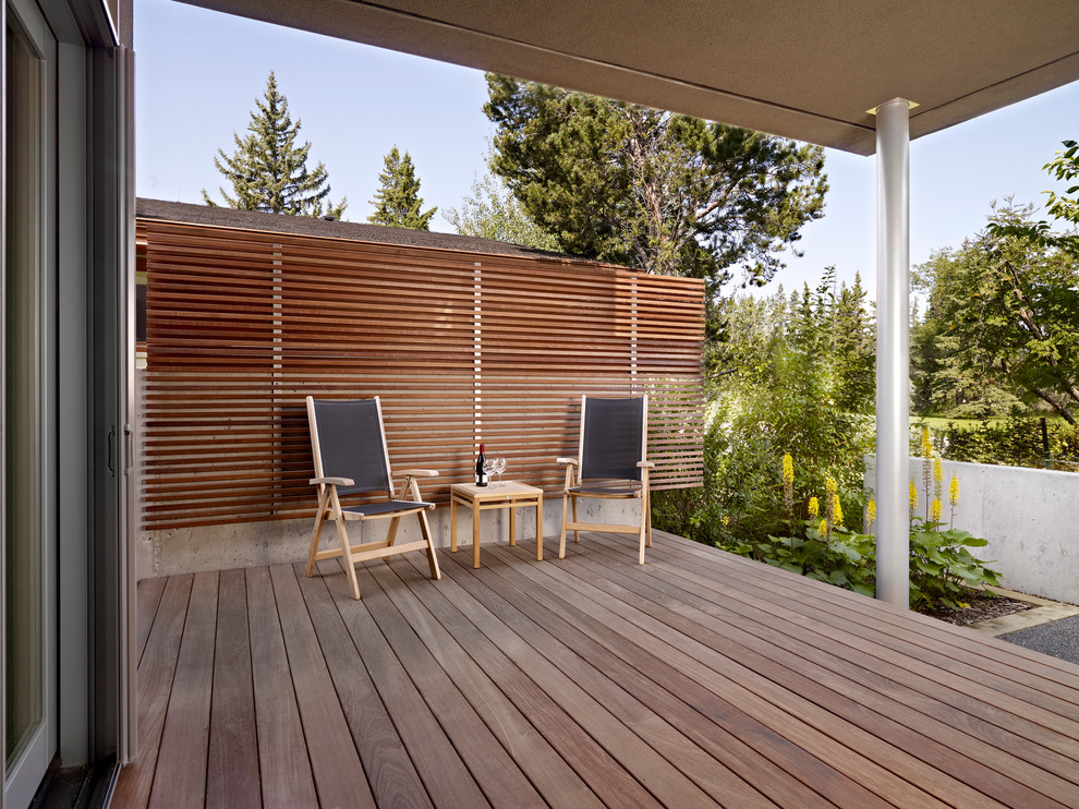 Cette photo montre un porche d'entrée de maison moderne avec une terrasse en bois.