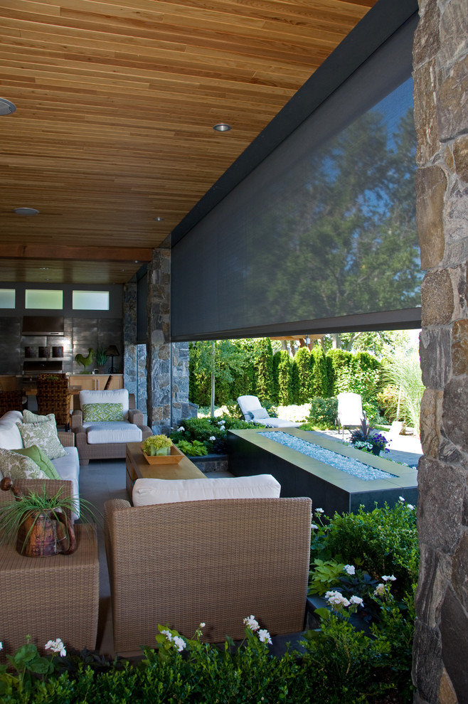 Cette photo montre un porche d'entrée de maison tendance avec une moustiquaire et une extension de toiture.