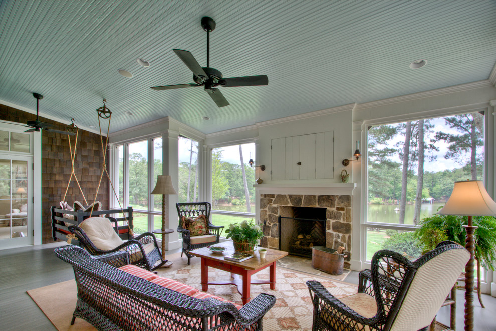 Inspiration for a country veranda in Atlanta with feature lighting.