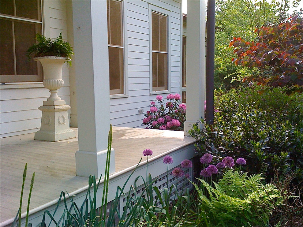 Inspiration pour un porche avec des plantes en pot avant traditionnel de taille moyenne avec une terrasse en bois et une extension de toiture.