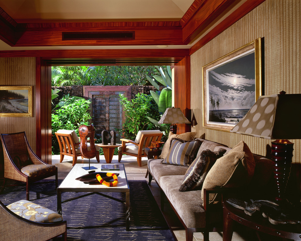 Inspiration för en tropisk veranda, med takförlängning