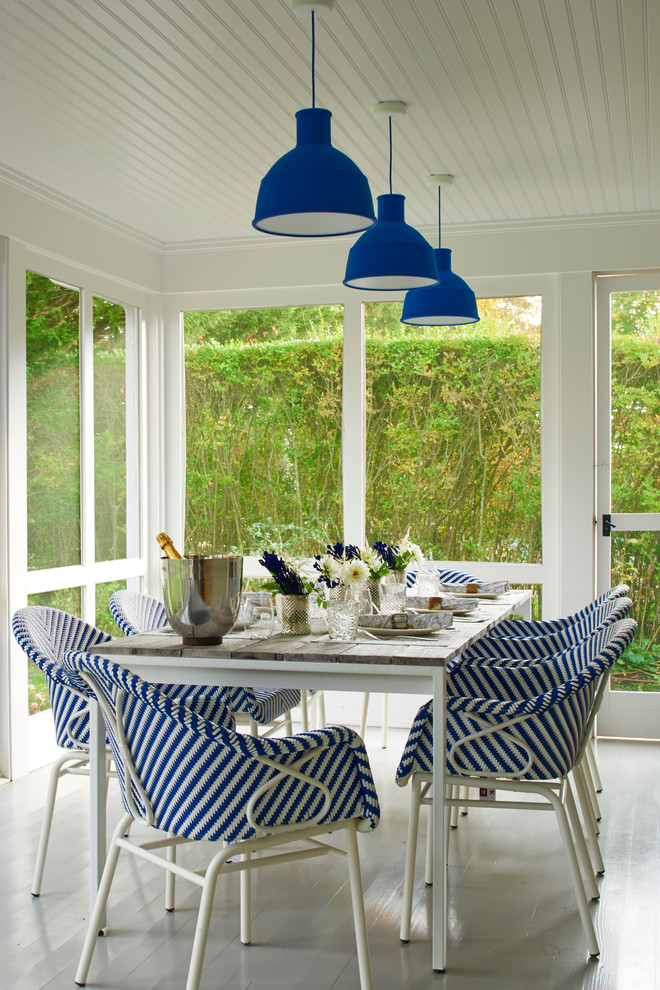 Inspiration for a mid-sized coastal screened-in back porch remodel in New York with decking and a roof extension