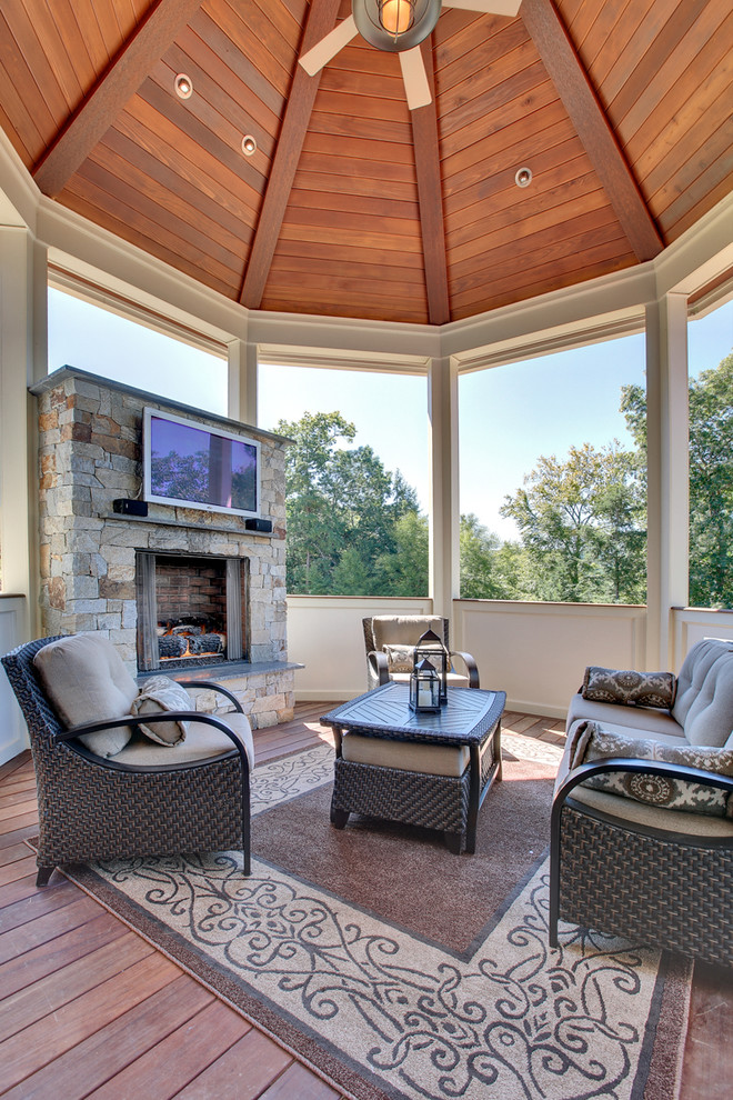 Classic porch idea in Bridgeport with a fire pit, decking and a roof extension