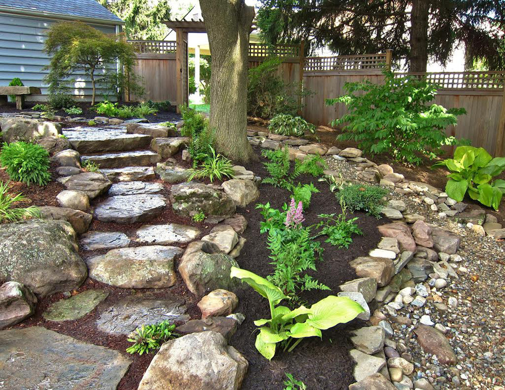 Idee per un piccolo giardino etnico dietro casa con pavimentazioni in pietra naturale
