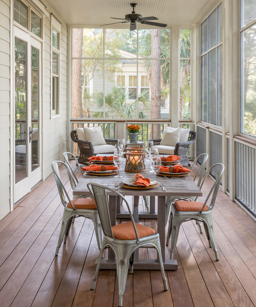 Inspiration for a transitional screened-in back porch remodel in Charleston with decking and a roof extension