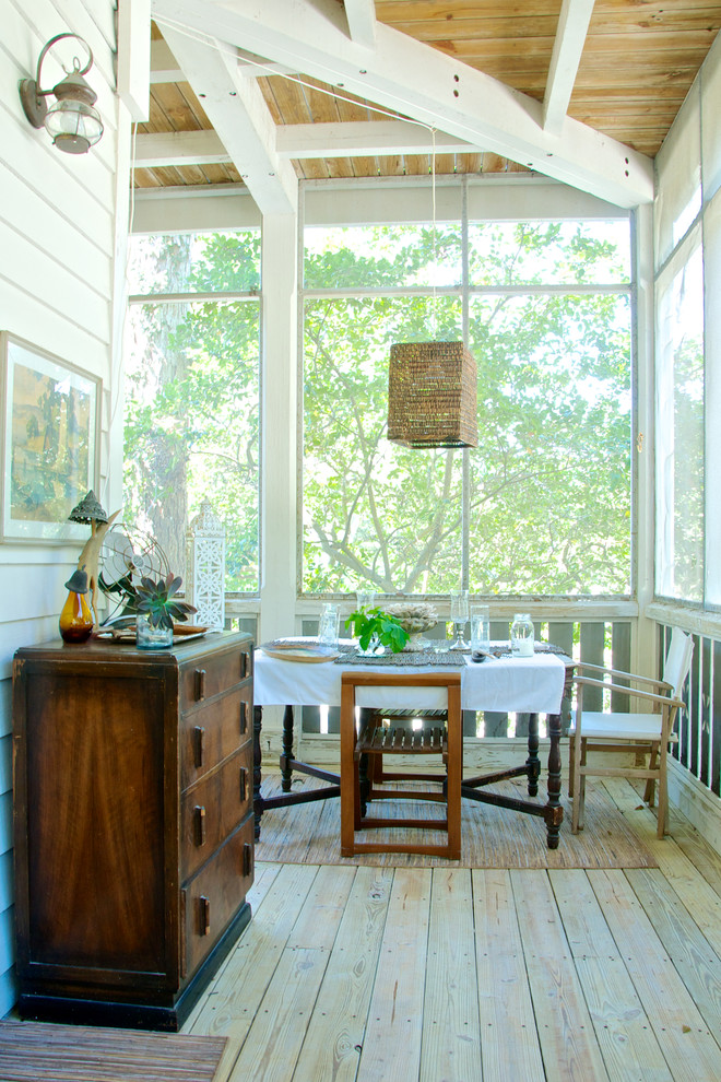 Beach style screened-in porch photo in Jacksonville with a roof extension
