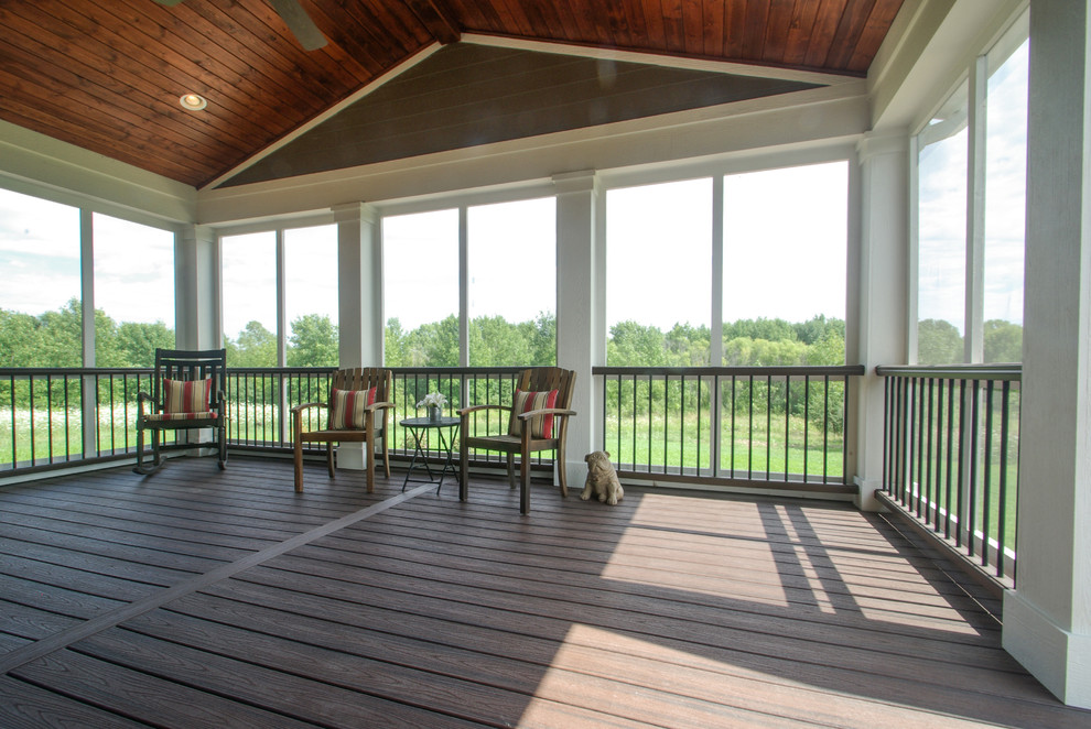 Large transitional screened-in side porch idea in Milwaukee with decking and a roof extension