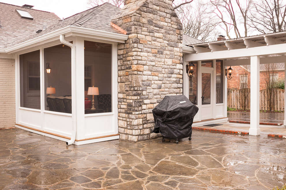 Light And Airy Screened Porch With Stone Veneered Fireplace Eclectic Porch Nashville By