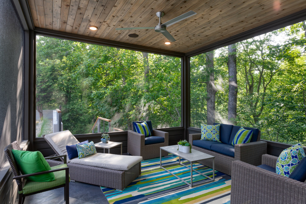 Inspiration pour un porche d'entrée de maison design avec une moustiquaire et une extension de toiture.