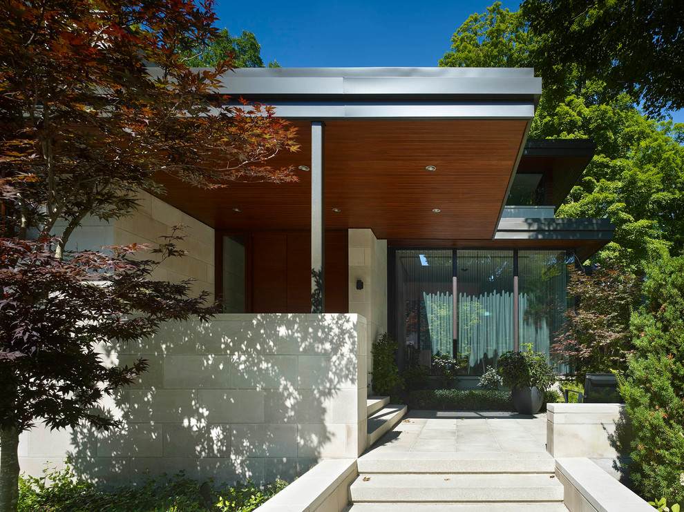 Immagine di un portico minimalista di medie dimensioni e davanti casa con pavimentazioni in pietra naturale e un tetto a sbalzo