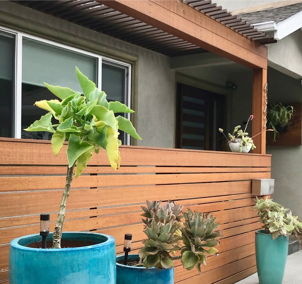Diseño de terraza minimalista pequeña en patio delantero con jardín de macetas, losas de hormigón y pérgola
