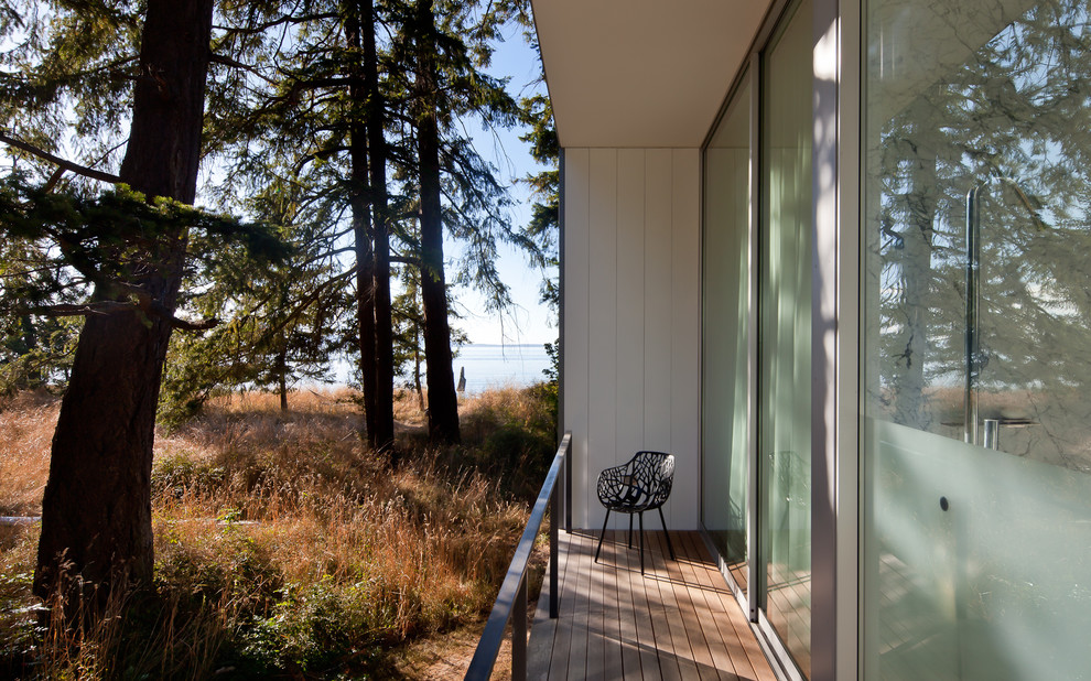 Idée de décoration pour un porche d'entrée de maison latéral minimaliste de taille moyenne avec une terrasse en bois et une extension de toiture.