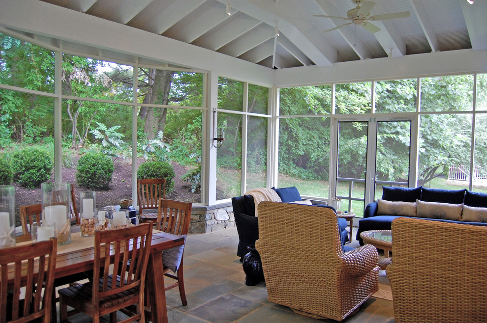 Inspiration for a huge transitional screened-in back porch remodel in DC Metro with a roof extension