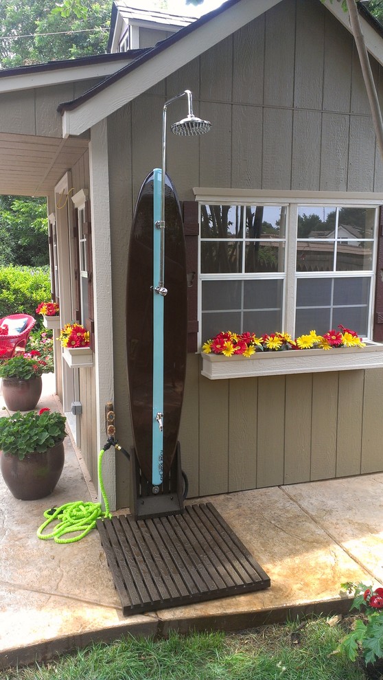 Outdoor surfboard shower. Customer turned our six footer into a shower