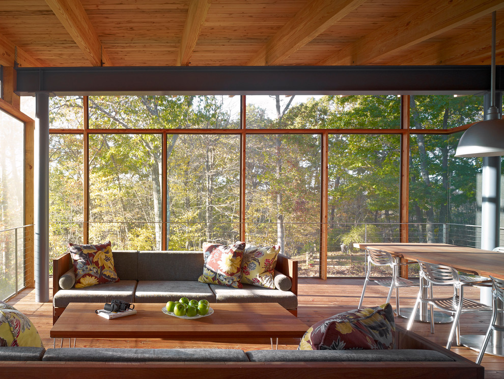 Idées déco pour un grand porche d'entrée de maison arrière rétro avec une terrasse en bois, une extension de toiture et une moustiquaire.