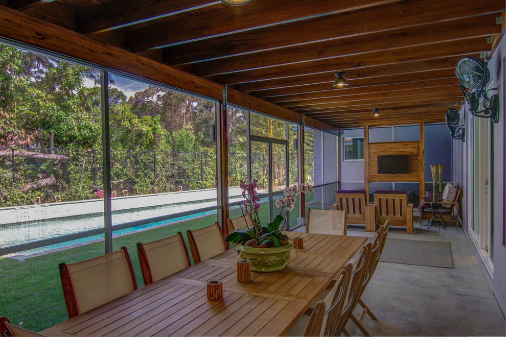Inspiration för en stor tropisk innätad veranda längs med huset, med betongplatta och takförlängning