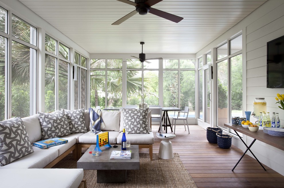 Elegant screened-in porch photo in Austin with decking and a roof extension