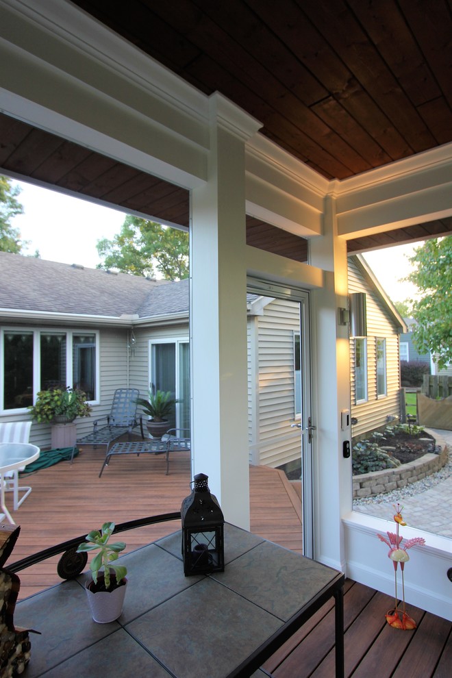 This is an example of a mid-sized contemporary screened-in back porch design in Other with decking and a roof extension.