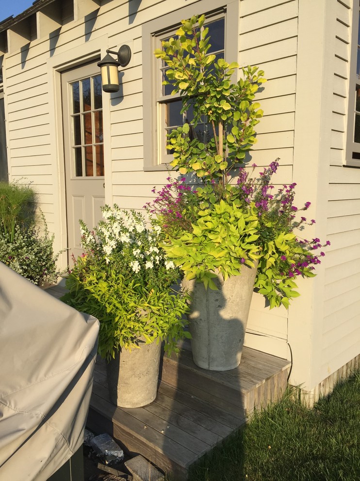 Kleines Landhaus Veranda im Vorgarten mit Dielen in Portland Maine