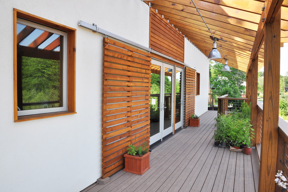 Idée de décoration pour un porche avec des plantes en pot avant design de taille moyenne avec une terrasse en bois et une extension de toiture.