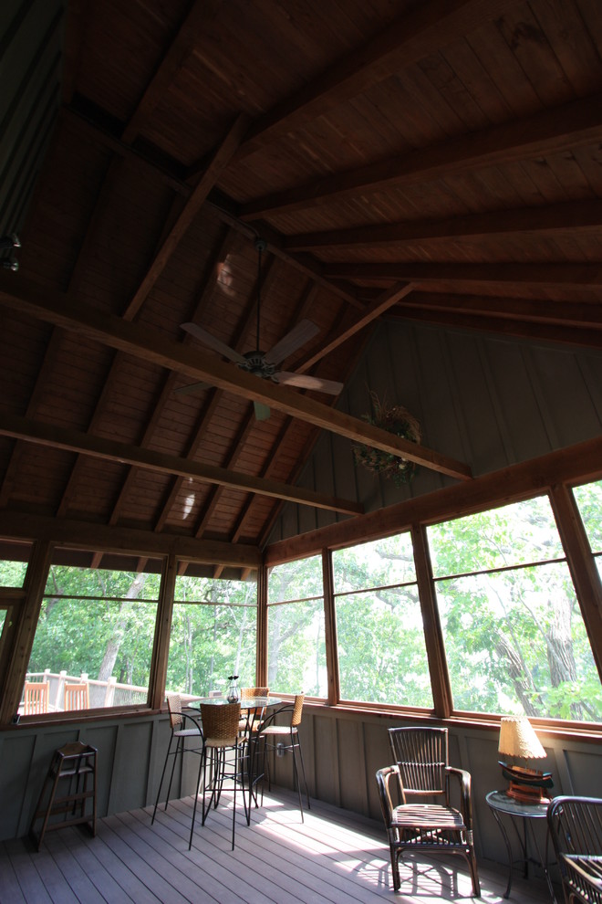 This is an example of a medium sized traditional back screened veranda in Milwaukee with decking and a roof extension.