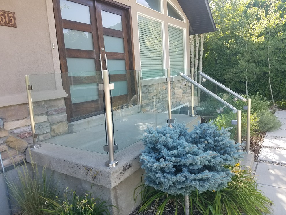 Cette image montre un petit porche d'entrée de maison avant minimaliste avec une dalle de béton.