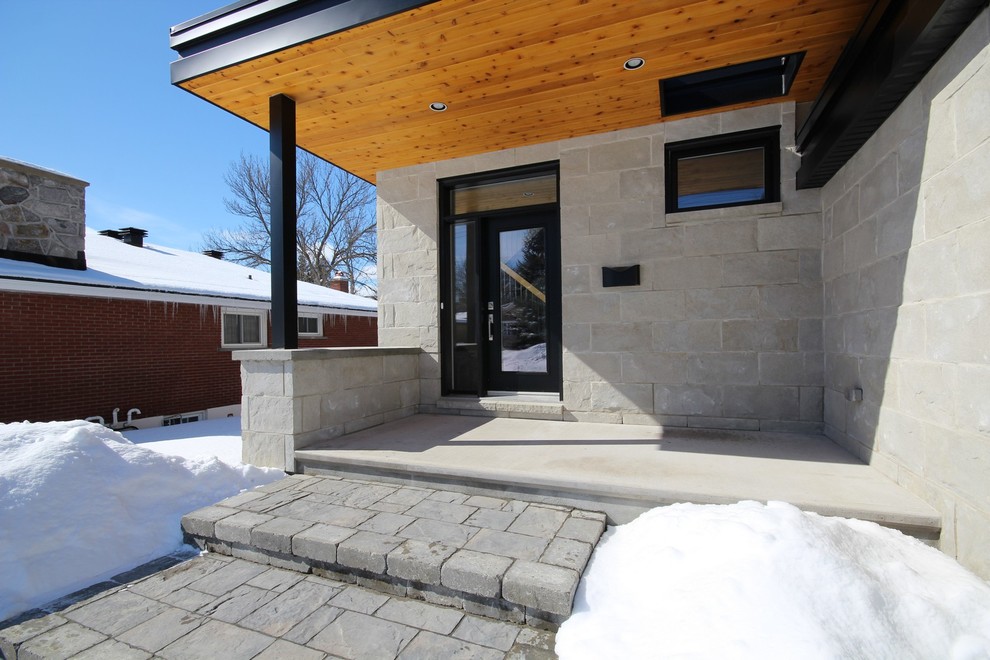 Idée de décoration pour un grand porche d'entrée de maison avant minimaliste avec des pavés en béton et une extension de toiture.